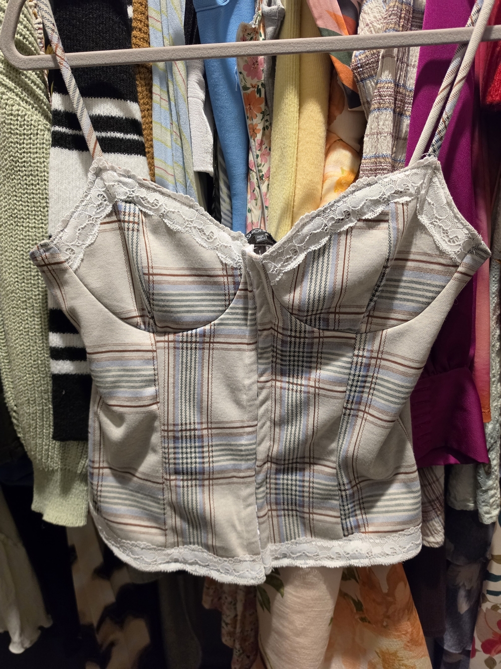 Fashion Nova Cream Plaid Lace-Trim Cami